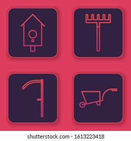 Set line Retro wall watch, Scythe, Garden rake and Wheelbarrow. Blue square button. Vector