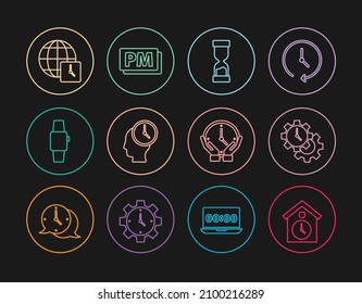 Fijar línea Retro reloj de pared, Administración de tiempo, Viejo reloj de arena, Smartwatch, World time, Clock y PM icono. Vector
