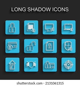 Set line Retro wall watch, Cyber security, Open padlock, Credit card with, Time Management, Shield and Document and icon. Vector