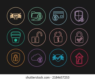 Set Line Retro Wall Watch, Lock And Check Mark, Credit Card With Lock, Open Padlock, Cooler Bag, Computer Api Interface, Broken Or Cracked And FTP Folder Icon. Vector