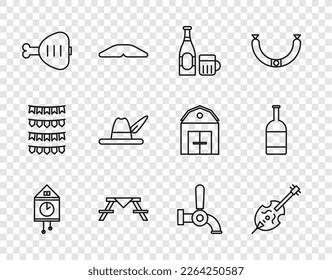 Set line Retro wall watch, Violin, Beer bottle and glass, Picnic table with benches, Chicken leg, Oktoberfest hat, tap and  icon. Vector