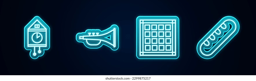 Set line Retro wall watch, Musical instrument trumpet, Checkered napkin and French baguette bread. Glowing neon icon. Vector