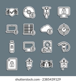 Set-Line Retro-Wandüberwachung, Elektrischer Roller, Zeitmanagement, Server-Sicherheit mit Schloss, Laptop und, Cyber- und Cloud-Computing-Symbol. Vektorgrafik
