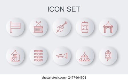 Set line Retro wall watch, Farm House, Violin, Massive steel chandelier, National Germany flag, Musical drum sticks, Carnival garland with flags and instrument trumpet icon. Vector