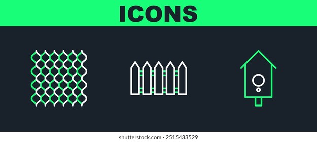 Set line Retro wall watch, Garden fence wooden and  icon. Vector