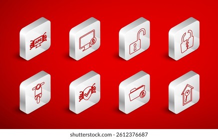 Set line Retro wall watch, Lock on monitor, Open padlock, Broken cracked, Folder and, Computer api interface, Cyber security and Scooter icon. Vector