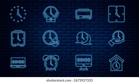 Set line reloj de pared retro, reloj, reloj despertador digital, 24 horas, alarma, burbuja de discurso e icono. Vector