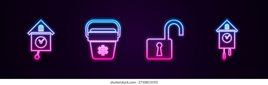 Set line Retro wall watch, Cooler bag, Open padlock and . Glowing neon icon. Vector