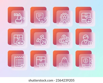 Fijar línea Caja de cartón de devolución, Vendido, Pago de impuestos, Signo de colgado con texto Cerrado, Soporte telefónico las 24 horas, Calificación de estrellas, Martillo de subasta e icono. Vector