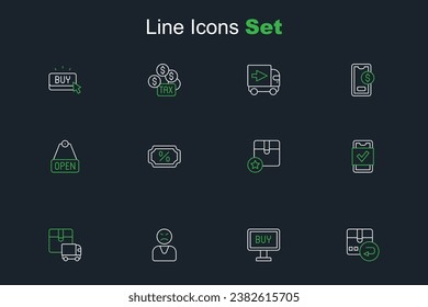 Set line Return cardboard box, Buy button, Angry customer, Delivery cargo truck, Mobile shopping, Carton, Discount percent tag and Hanging sign with text Open icon. Vector