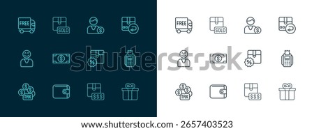 Set line Return cardboard box, Wallet, Cardboard with discount, Item price tag dollar, Stacks paper money cash, Buyer, Free delivery service and Sold icon. Vector