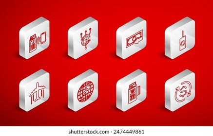 Ajuste de línea Retorno de la inversión, Algoritmo, Cash back, Control remoto, terminal POS, Globo con avión volador e icono de avión. Vector