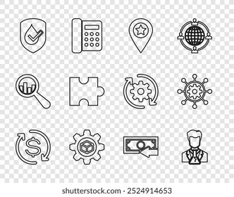 Regreso de la inversión, Científico y tubo de ensayo, Locación con estrella, Desarrollo de productos, Impermeable, Rompecabezas de piezas, Cash back e icono de gestión de proyectos. Vector