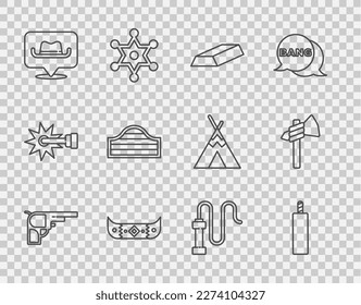 Set line Revolver gun, Dynamite bomb, Gold bars, Kayak or canoe and paddle, Location cowboy, Saloon door, Leather whip and Tomahawk axe icon. Vector