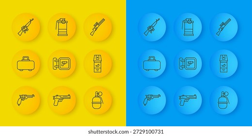 Pistola de revólver, estuche de armas, arma de tienda de caza, granada de mano, pulverizador de pimienta, rifle M16A1 e icono de humo. Vector