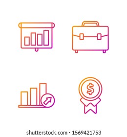 Set line Reward for good work, Presentation financial board with graph, schedule, chart, diagram, infographic, pie graph and Briefcase. Gradient color icons. Vector
