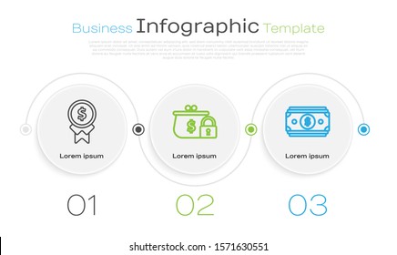 Set line Reward for good work, Closed wallet with lock and Stacks paper money cash. Business infographic template. Vector