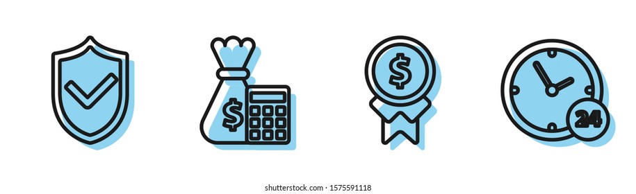 Set line Reward for good work, Shield with check mark, Calculator with money bag and Clock 24 hours icon. Vector
