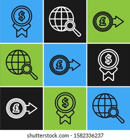 Set line Reward for good work, Coin money with pound sterling symbol and Magnifying glass with globe icon. Vector