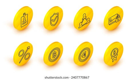 Fijar la línea de recompensa por un buen trabajo, Moneda de moneda con símbolo del euro, Moneda de la criptografía Bitcoin, Flecha de porcentaje arriba, Bloqueo de tarjeta de crédito, Base del equipo del proyecto, Marca de verificación Escudo e icono de identificación. Vector