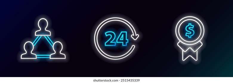 Establezca la línea de recompensa por el buen trabajo, la base del equipo del proyecto y el icono del reloj de 24 horas. Brillante neón. Vector