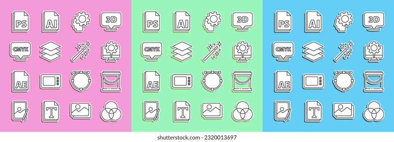 Set line RGB and CMYK color mixing, Paint bucket, Computer monitor gear, Human head with inside, Layers, Speech bubble text, PS File document and Magic wand icon. Vector