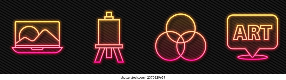 Set line RGB and CMYK color mixing, Laptop, Easel or painting art boards and Speech bubble with text art. Glowing neon icon. Vector