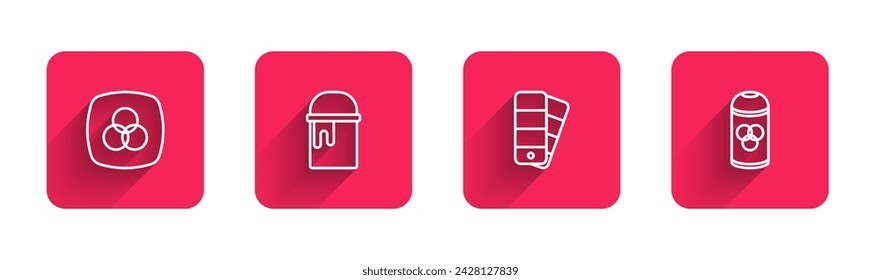 Set line RGB and CMYK color mixing, Paint bucket, Color palette guide and spray can with long shadow. Red square button. Vector