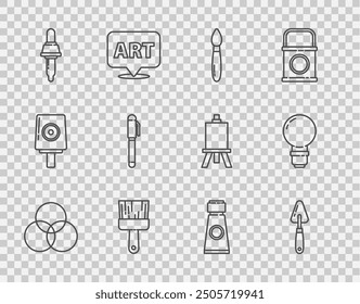 Set line RGB and CMYK color mixing, Palette knife, Paint brush, Pipette, Pen, Tube with paint palette and Light bulb icon. Vector