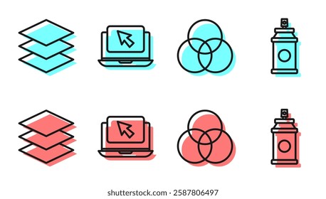 Set line RGB and CMYK color mixing, Layers, Laptop and cursor and Paint spray can icon. Vector