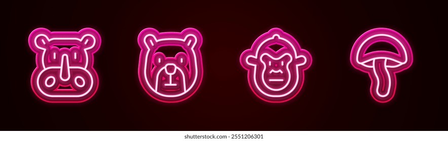 Set line Rhinoceros, Bear head, Monkey and Mushroom. Glowing neon icon. Vector