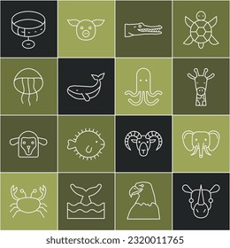 Set line Rhinoceros, Elephant, Giraffe head, Crocodile, Whale, Jellyfish, Collar with name tag and Octopus icon. Vector