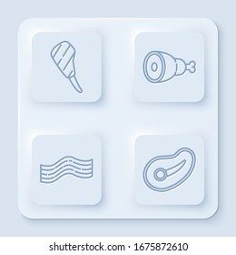 Set line Rib eye steak, Chicken leg, Bacon stripe and Steak meat. White square button. Vector