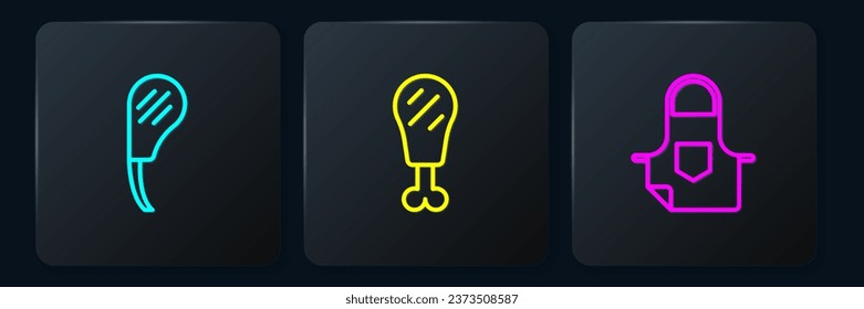 Set line Rib eye steak, Kitchen apron and Chicken leg. Black square button. Vector