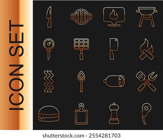 Set line Rib eye steak, Crossed fork and spatula, Campfire, Location with flame, Barbecue steel grid, Kitchen thermometer, knife and Meat chopper icon. Vector