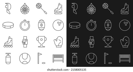 Set line Ribbon in finishing line, Baseball glove, Bowling, Tennis racket, Stopwatch, Hockey puck, Fencing helmet mask and American Football icon. Vector