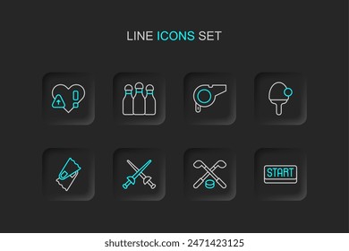 Set line Ribbon in finishing line, Ice hockey sticks and puck, Fencing, Flippers for swimming, Racket, Whistle, Bowling pin and Heart rate icon. Vector