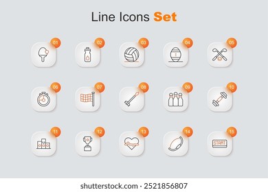 Set line Cinta en línea de meta, arco medieval, ritmo cardíaco, taza de premio, podio ganador de deportes, mancuerna, pin de bolos e icono de flechas. Vector