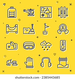 Set line Ribbon in finishing line, Meteorology thermometer, Medal, Folded map, Shovel snowdrift, Skate park, Christmas sweater and Location marker icon. Vector