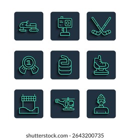 Set line Ribbon in finishing line, Rescue helicopter, Winter athlete, Ice hockey sticks, Stone for curling, Medal, Snowmobile and Skates icon. Vector