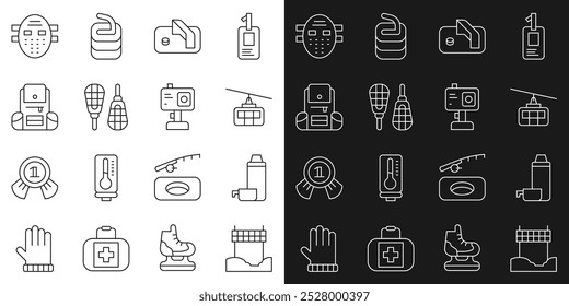 Set line Ribbon in finishing line, Thermos container, Cable car, Ice hockey goal, Snowshoes, Hiking backpack, Hockey mask and Action camera icon. Vector