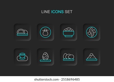 Set line Rice in a bowl, Chicken egg, Chinese tea, Soy sauce, Served cucumber on plate, Chow mein, Wonton and Sushi icon. Vector