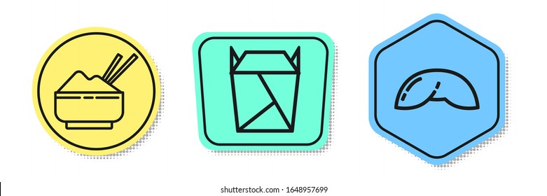 Set line Rice in a bowl with chopstick, Rstaurant opened take out box filled and Chinese fortune cookie. Colored shapes. Vector