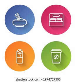 Set line Rice in a bowl with chopstick, Coffee cup to go, Doner kebab and . Color circle button. Vector