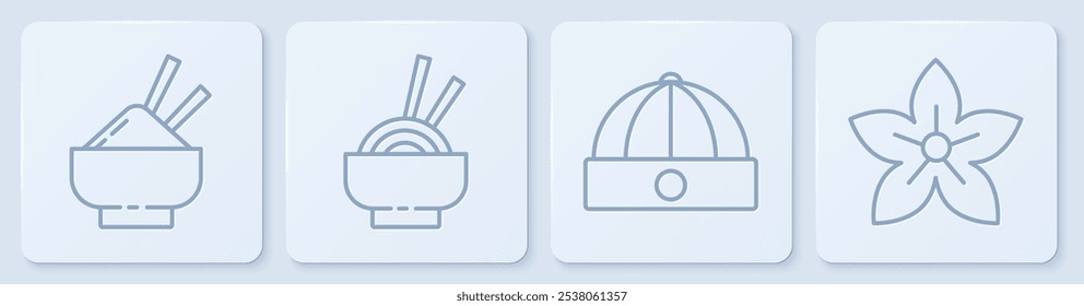 Set line Rice in a bowl with chopstick, Chinese hat, Asian noodles in bowl and Lotus flower. White square button. Vector