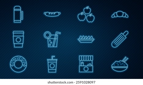 Set line Rice in a bowl with chopstick, French hot dog, Apple, Cocktail, Coffee cup to go, Thermos container, Nachos plate and Hotdog sandwich icon. Vector