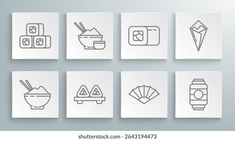 Set line Rice in a bowl with chopstick, Sushi on cutting board, Paper chinese or japanese folding fan, Japanese paper lantern, Temaki roll and  icon. Vector