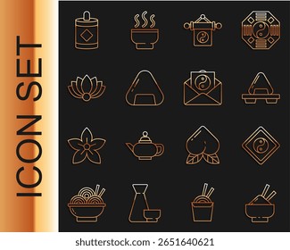 Definir linha Arroz em uma tigela com chopstick, Yin Yang, Sushi na tábua de corte, flor de lótus, fogos de artifício e ícone de envelope. Vetor