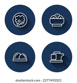 Set line Rice in a bowl, Chow mein on plate, Sushi and Traditional tea ceremony with long shadow. Blue circle button. Vector