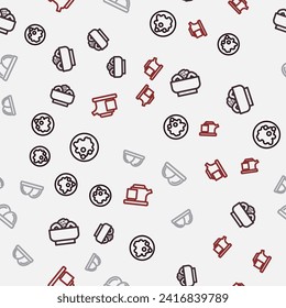 Set line Rice in a bowl, Chow mein on plate, Sushi and Traditional tea ceremony on seamless pattern. Vector